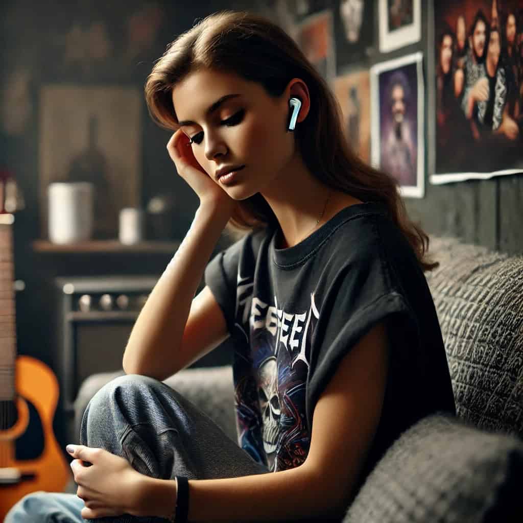 słuchawki dokanałowe do metalu w uszach kobiety, która siedzi na sofie pochłonięta muzyką