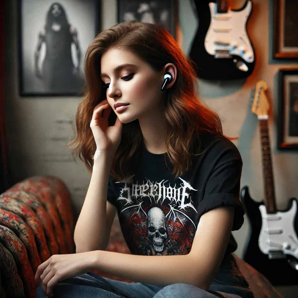 słuchawki dokanałowe do rocka w uszach kobiet, która siedzi z zamkniętymi oczami na sofie i słucha muzyki