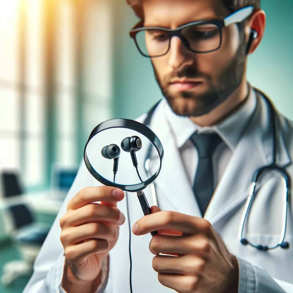 słuchawki douszne a zdrowie uszu - doktor, który ogląda słuchawki pod lupą