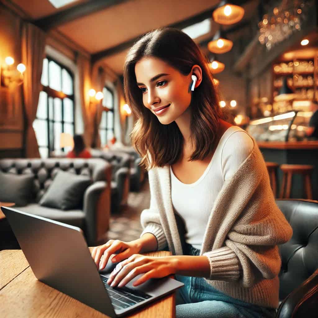 słuchawki douszne do 100 zł w uszach kobiety, która pracuje na laptopie w kawiarni