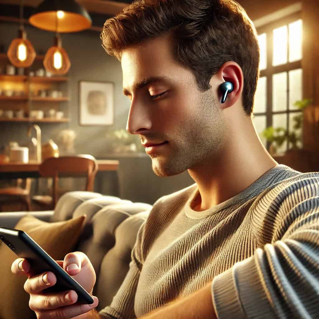 słuchawki douszne do audiobooków w uszach mężczyzny siedzącego na sofie z telefonem