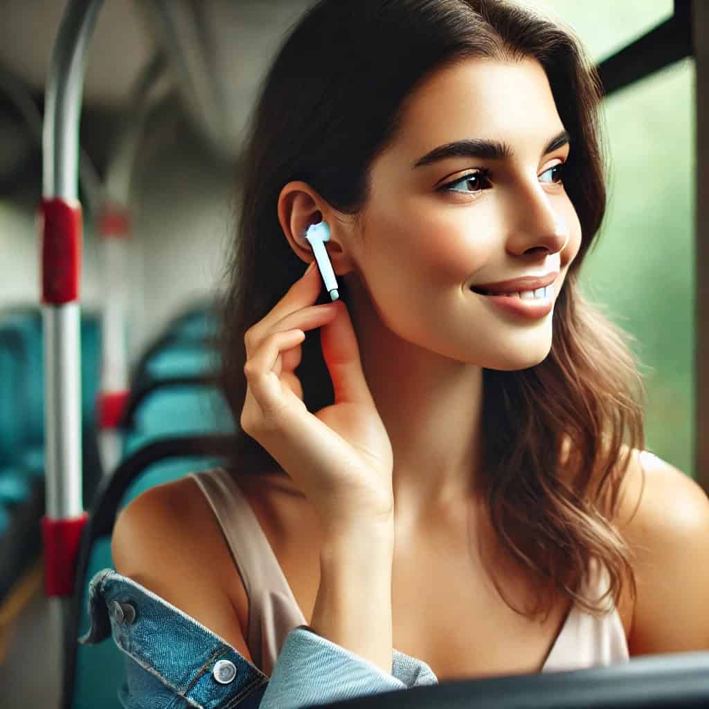 słuchawki douszne do muzyki ranking w uszach kobiety jadącej autobusem