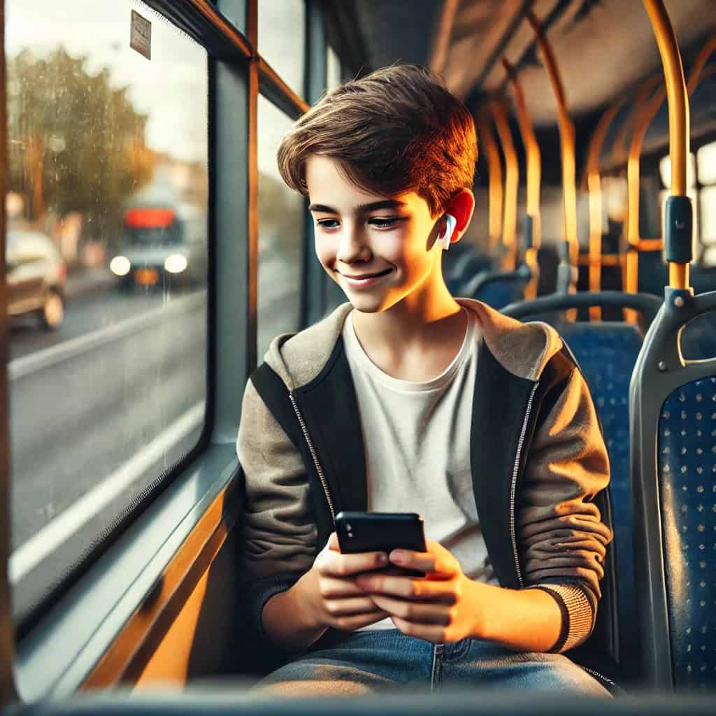 słuchawki douszne do słuchania muzyki dla dzieci w uszach chłopca jadącego autobusem