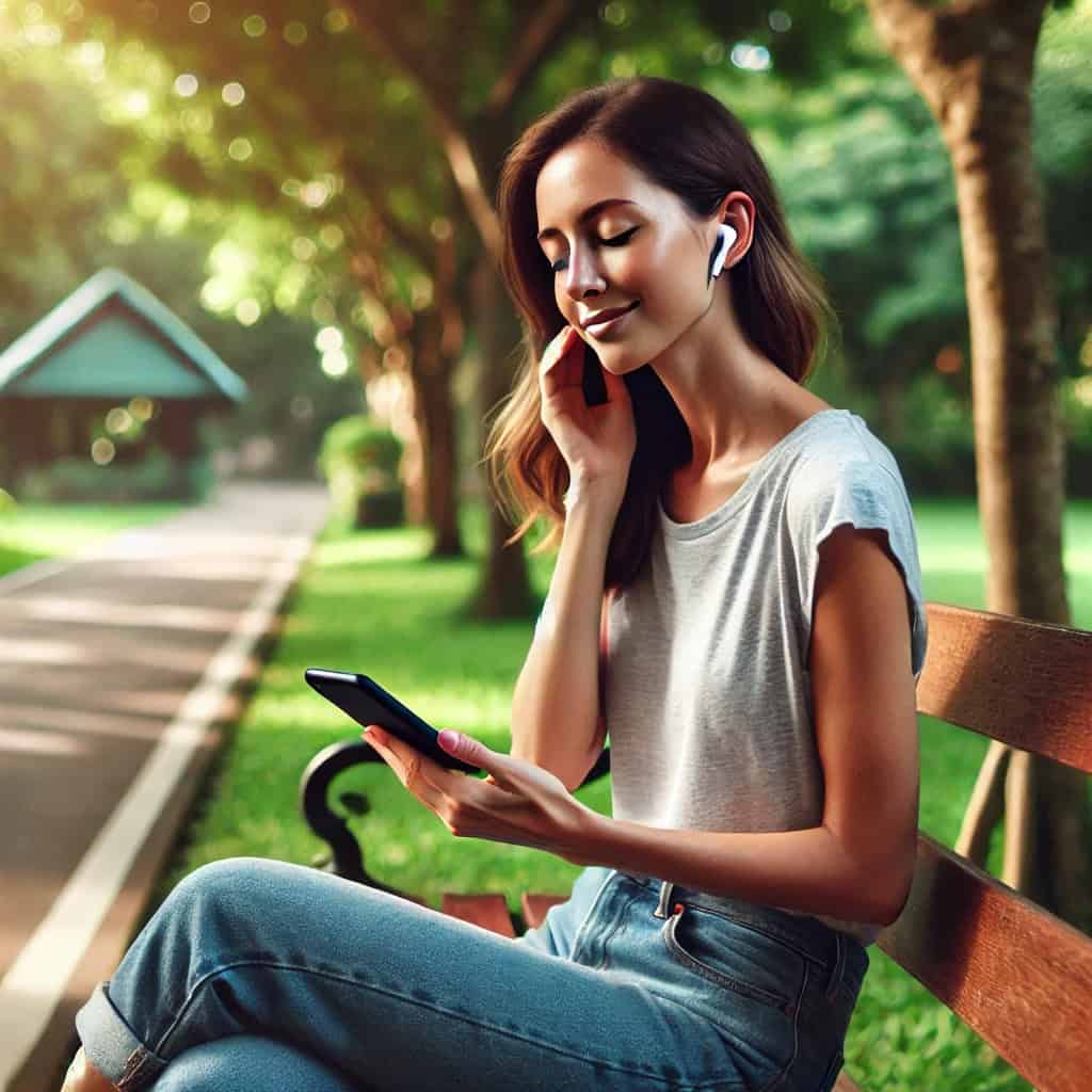słuchawki douszne do słuchania muzyki z telefonu w uszach kobiety siedzącej na ławce w parku
