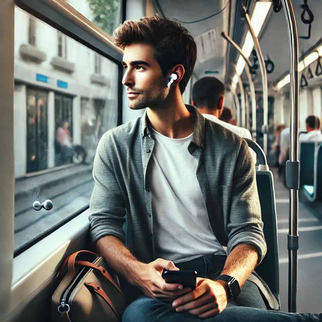 słuchawki douszne męskie w uszach podróżującego tramwajem