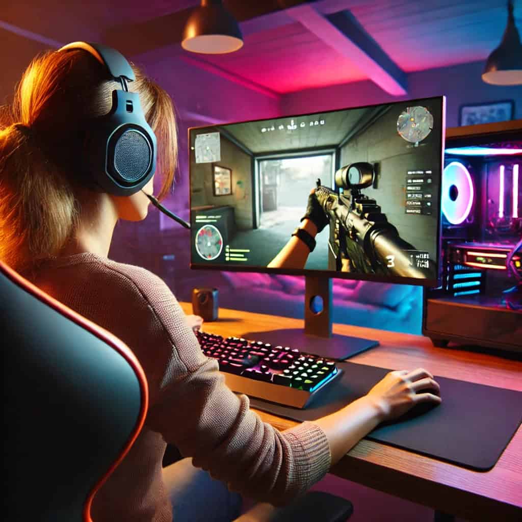 słuchawki fps na głowie kobiety skupionej na grze