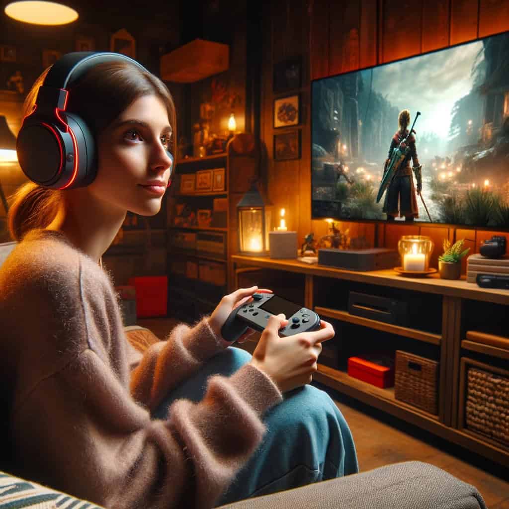 słuchawki gamingowe do 300 zł na głowie kobiety grającej w grę fantasy na konsoli
