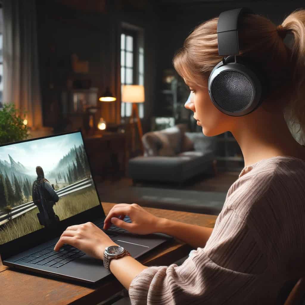 słuchawki gamingowe do laptopa ranking - przykładowy model na głowie kobiety przy PC