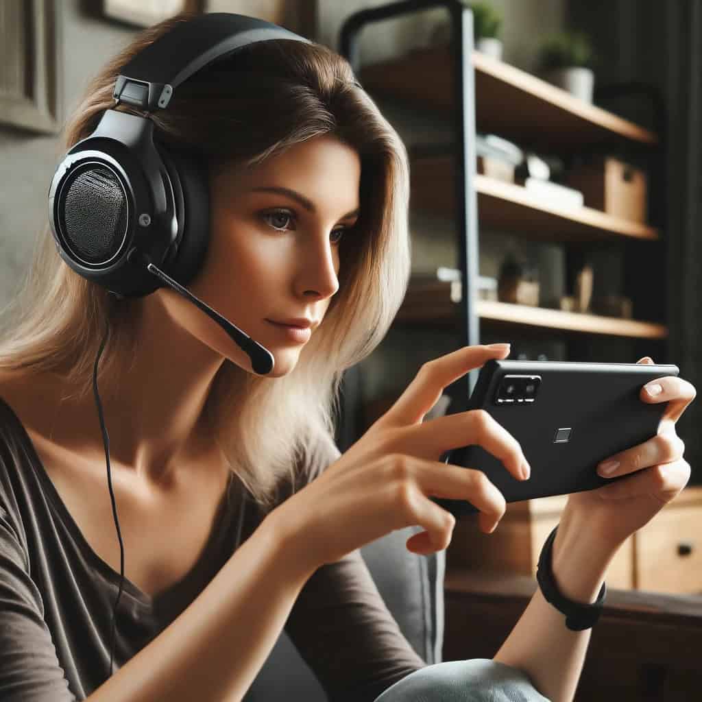 słuchawki gamingowe do telefonu iPhone na uszach kobiety grającej na telefonie