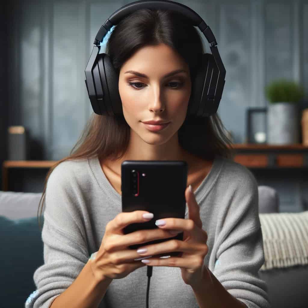 słuchawki gamingowe do telefonu ranking - przykładowy model na uszach kobiety ze smartfonem
