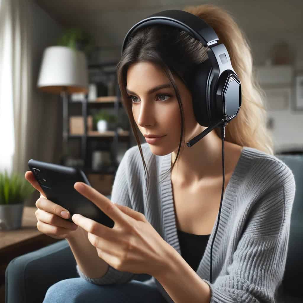 słuchawki gamingowe do telefonu z mikrofonem na głowie kobiety grającej na iPhone