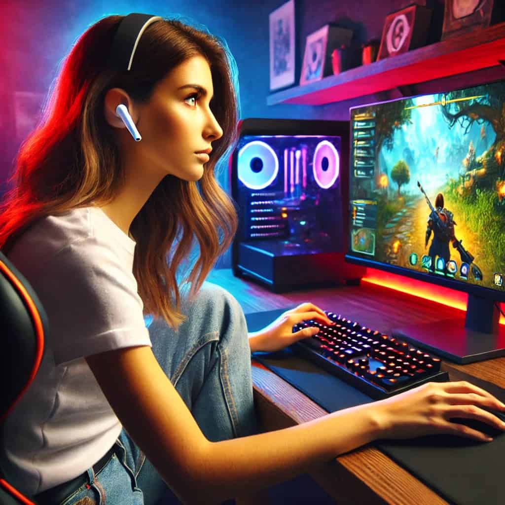 słuchawki gamingowe douszne w uszach kobiety grającej na pc