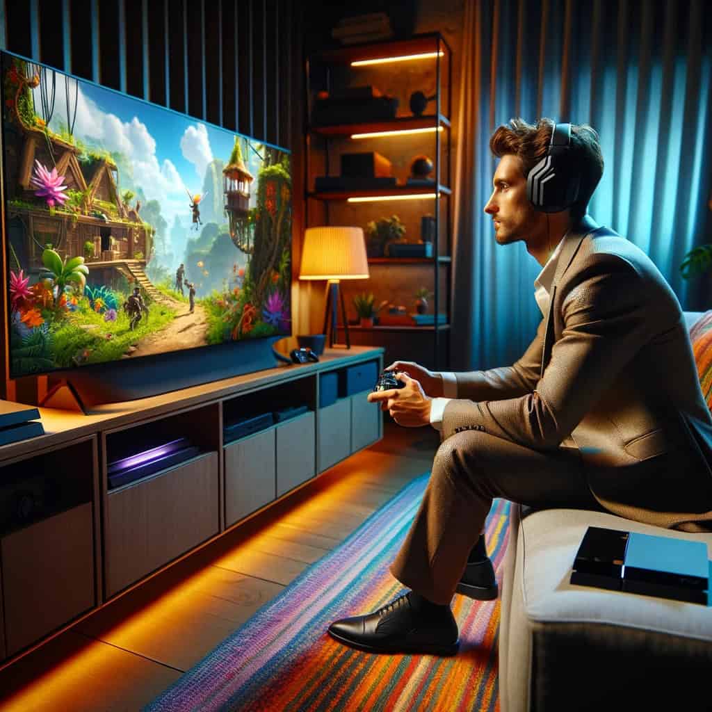 słuchawki kompatybilne z ps4 na głowie mężczyzny grającego na konsoli PlayStation 4