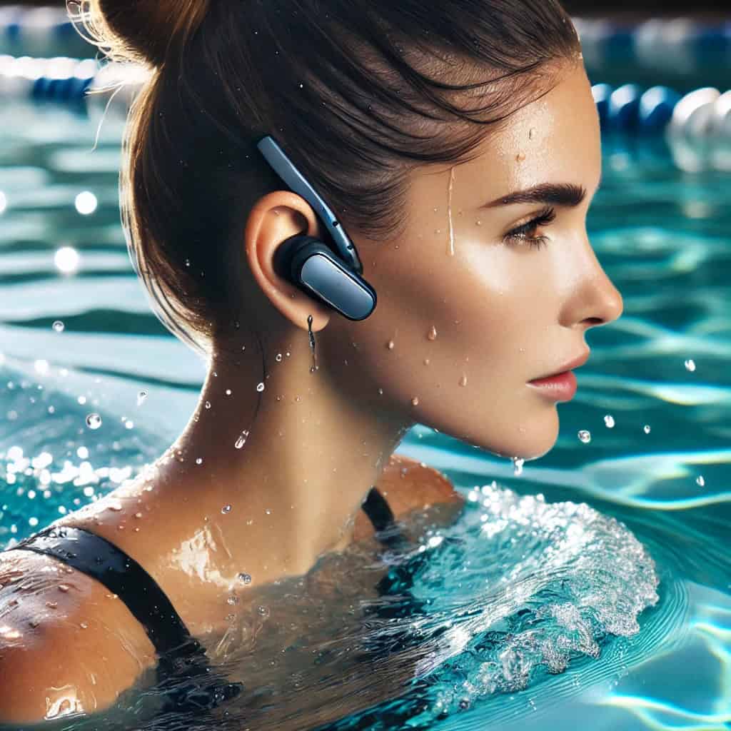 słuchawki mp3 - przykładowy model w uszach kobiety, pływającej na basenie