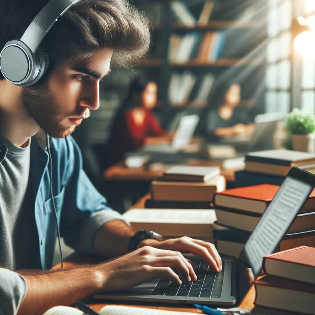 słuchawki nauka zdalna przykładowy model nauszny na głowie studenta pracującego na laptopie w bibliotece