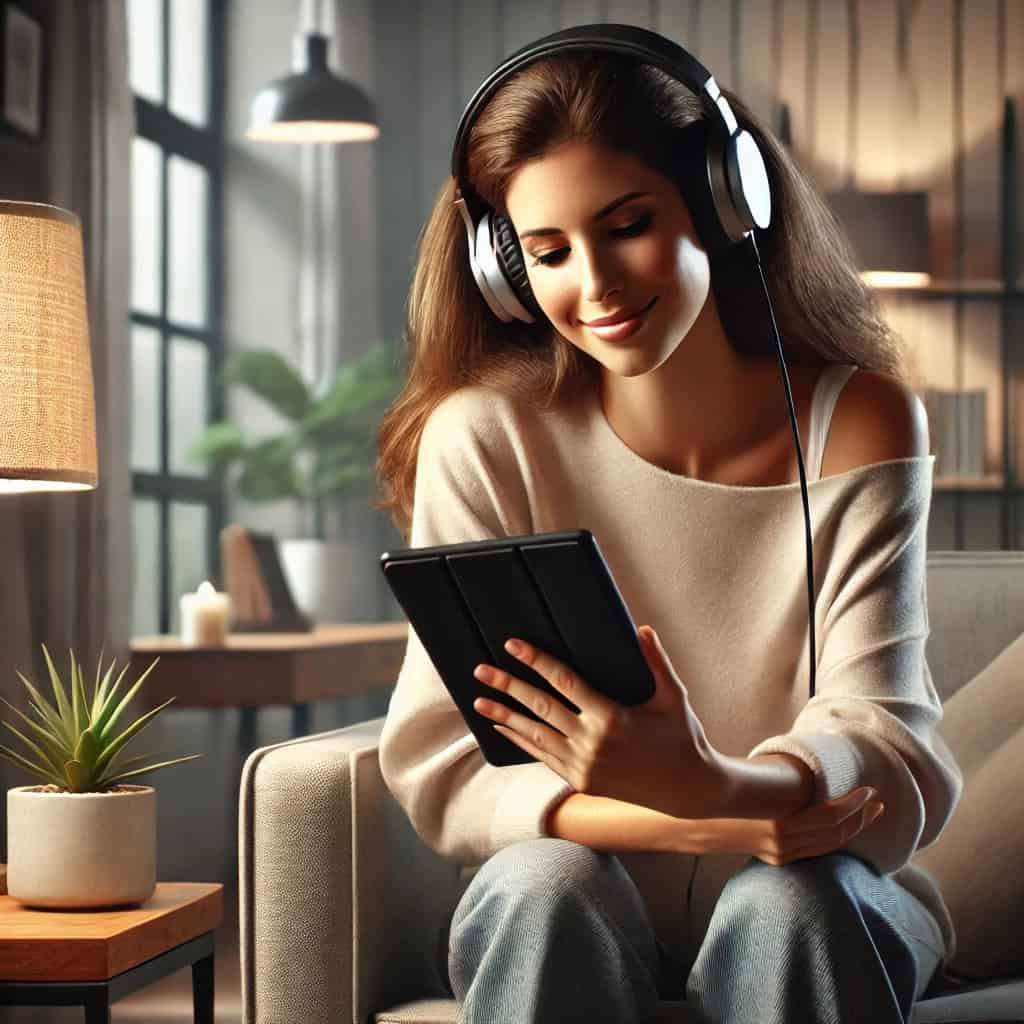 słuchawki nauszne do audiobooków na głowie kobiety siedzącej na sofie z tabletem