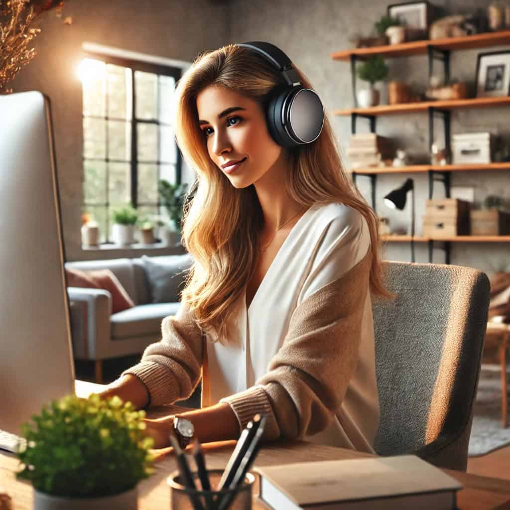 słuchawki nauszne do komputera na głowie kobiety pracującej na pc