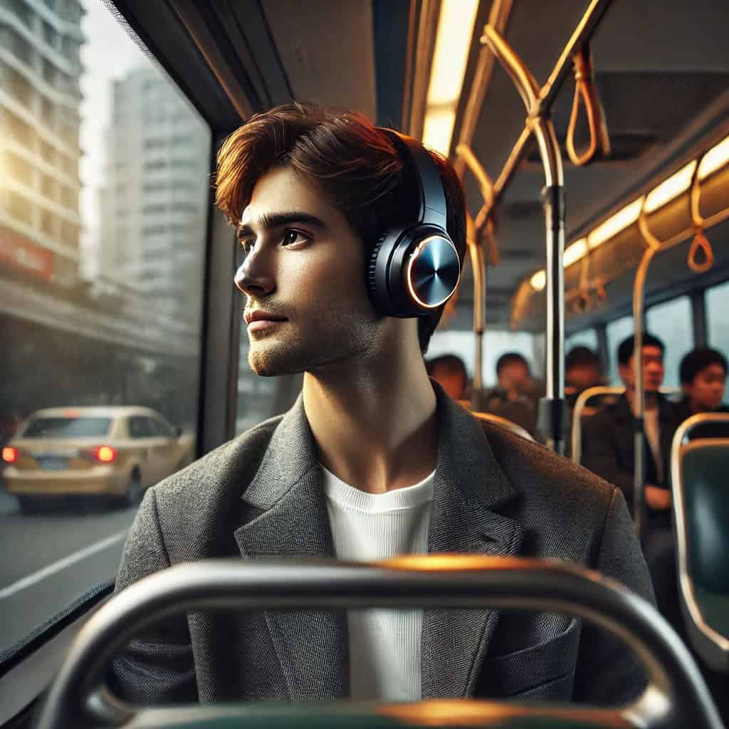 słuchawki nauszne z anc na głowie mężczyzny podróżującego autobusem