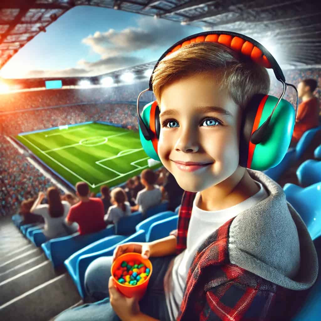 słuchawki ochronne dla dzieci na mecz na głowie chłopca na stadionie