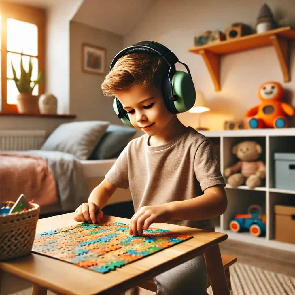 słuchawki ochronne dla dzieci z nadwrażliwością słuchową na głowie chłopca układającego puzzle