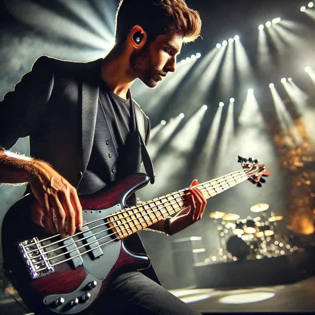 słuchawki odsłuchowe bezprzewodowe w uszach gitarzysty