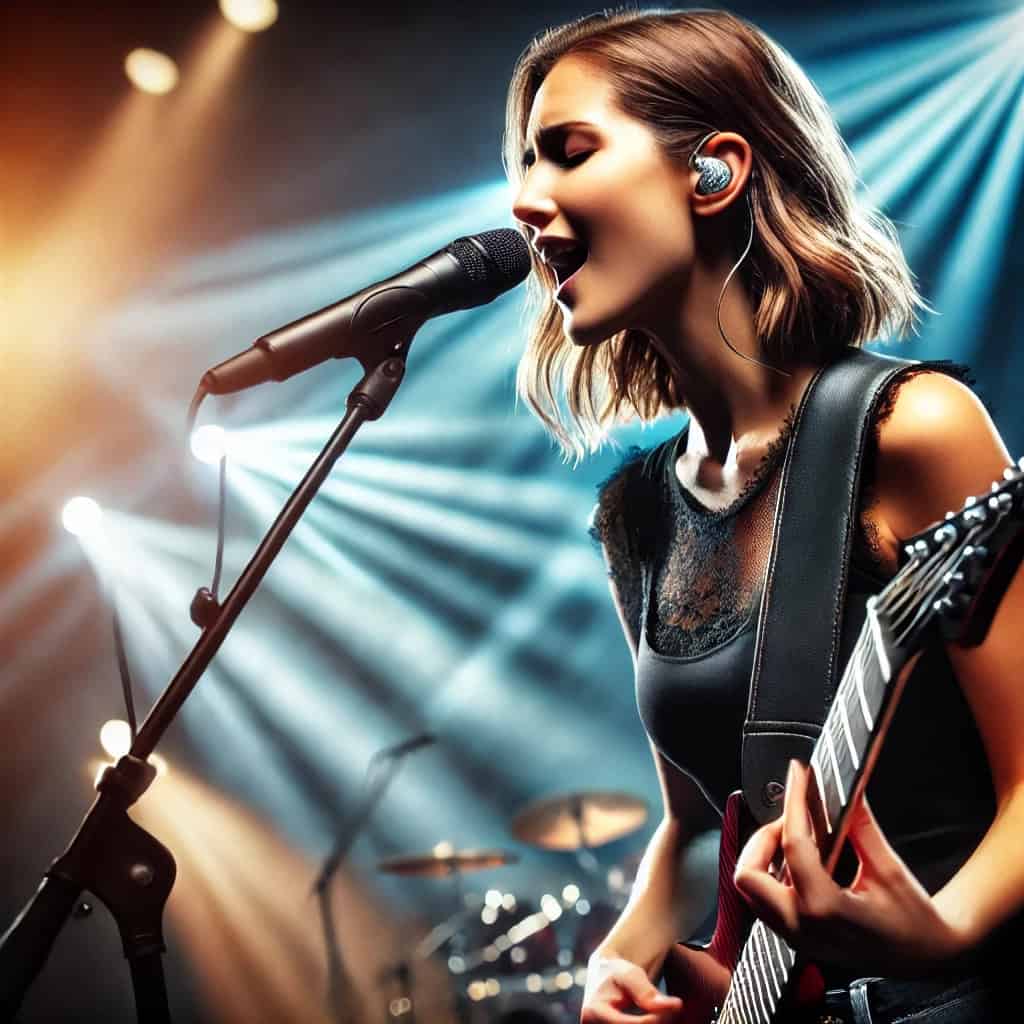 słuchawki odsłuchowe sceniczne dla gitarzystów na głowie kobiety grającej na żywo podczas koncertu