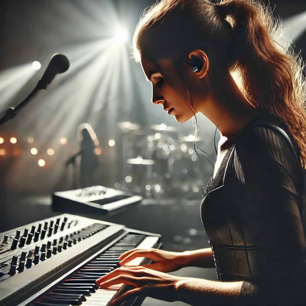słuchawki odsłuchowe sceniczne dla pianistów na głowie kobiety na scenie