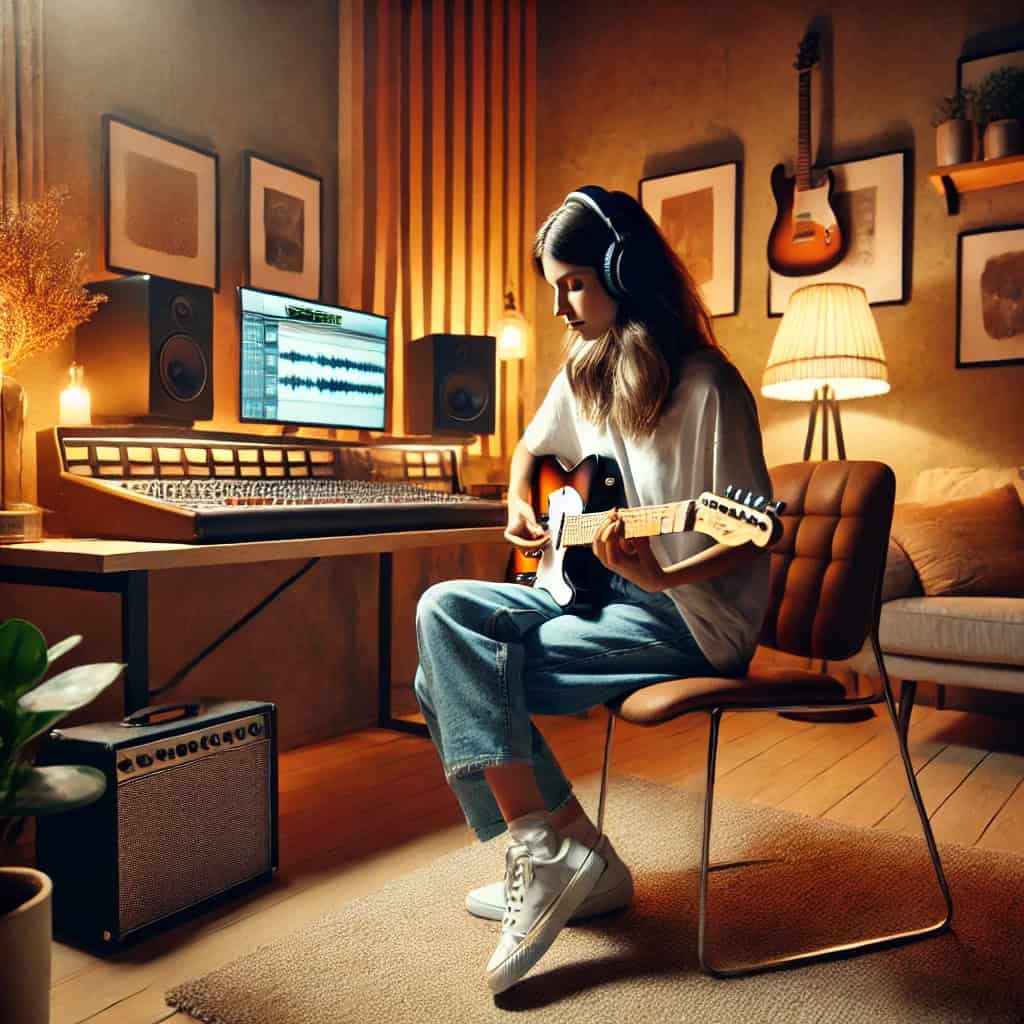 słuchawki otwarte gitary elektrycznej na głowie kobiety w domowym studio