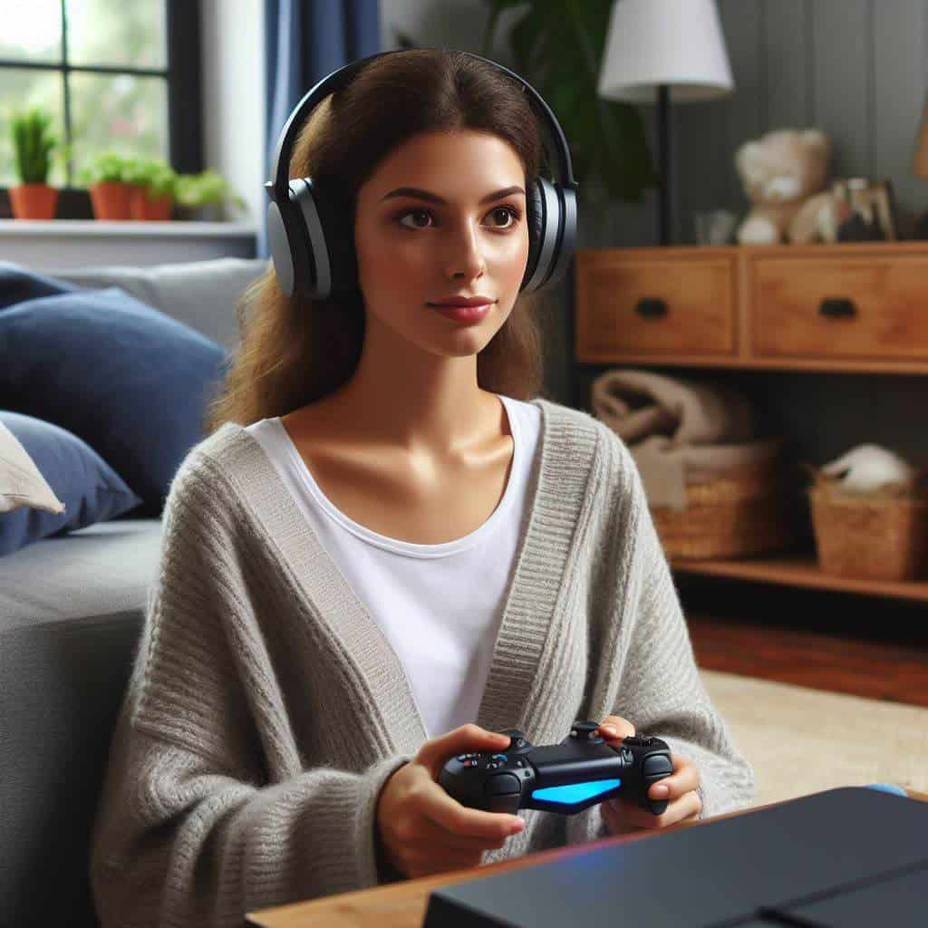 słuchawki playstation 5 na uszach kobiety grającej w grę