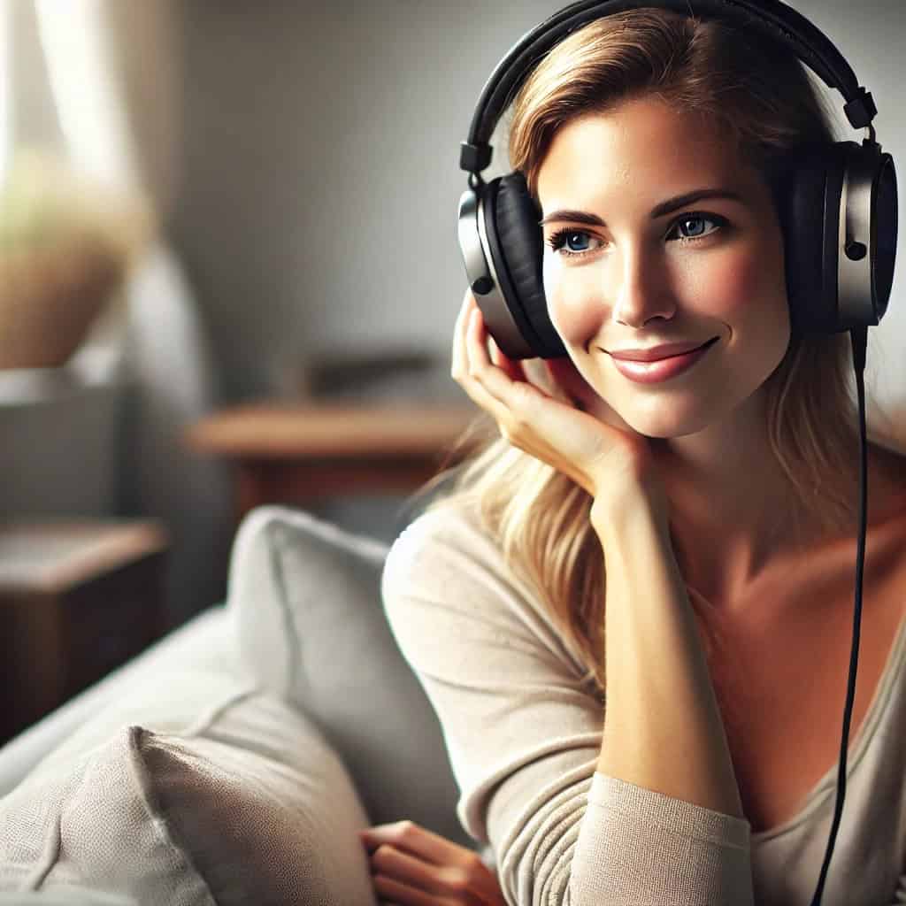 słuchawki przewodowe audiofilskie na uszach uśmiechniętej kobiety
