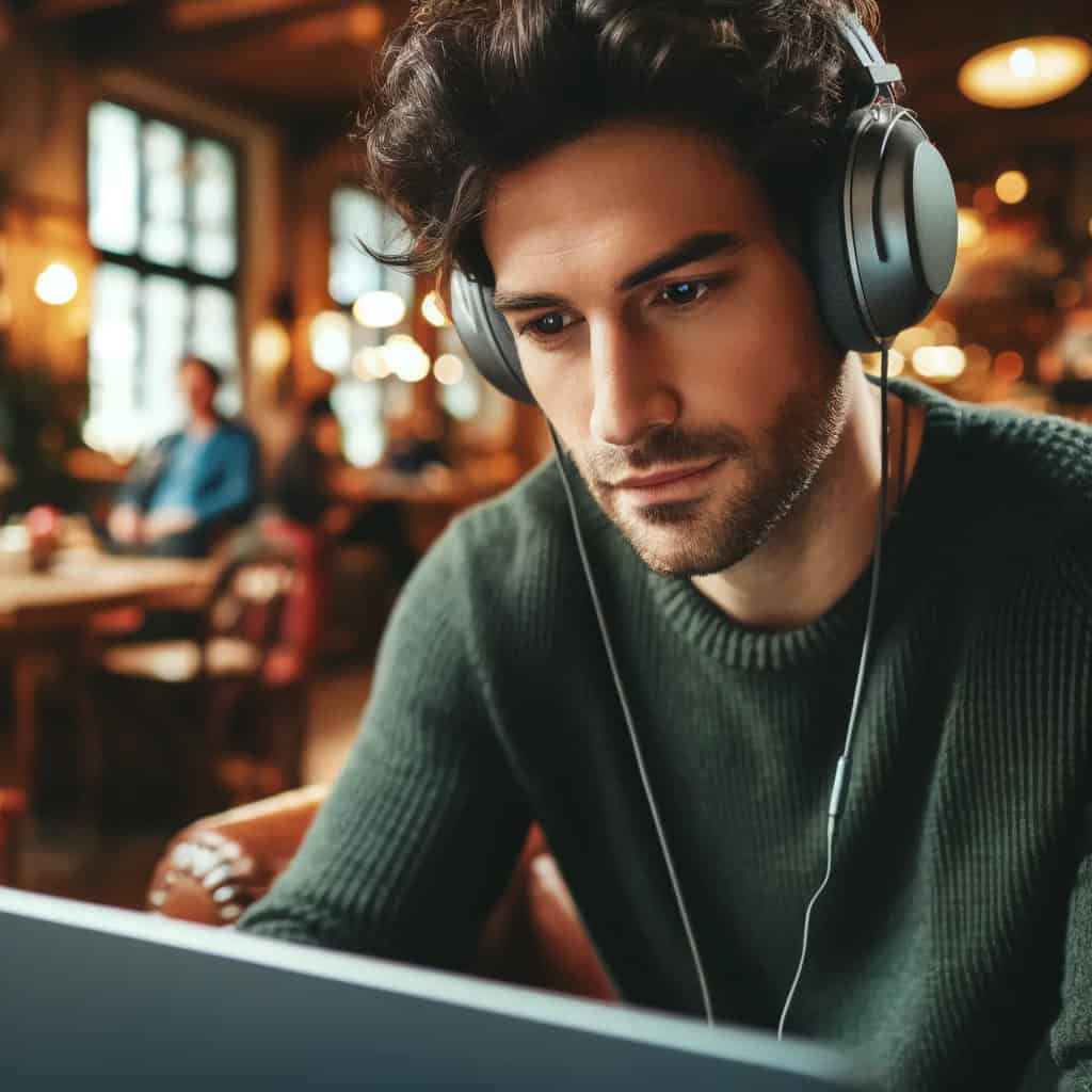 słuchawki przewodowe do 1000 zł ranking na uszach mężczyzny pracującego na laptopie