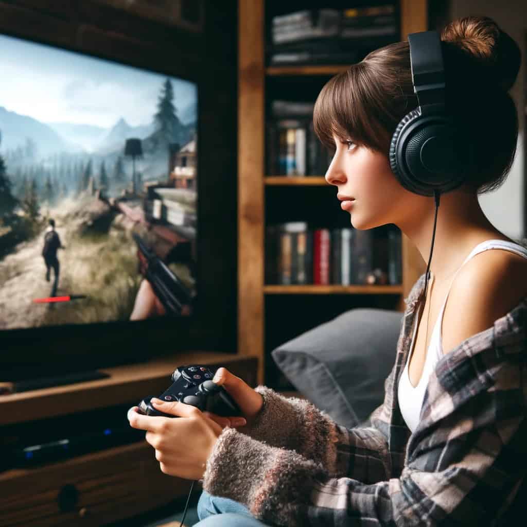 słuchawki przewodowe do playstation 3 na głowe kobiety z padem w ręku grającej w grę