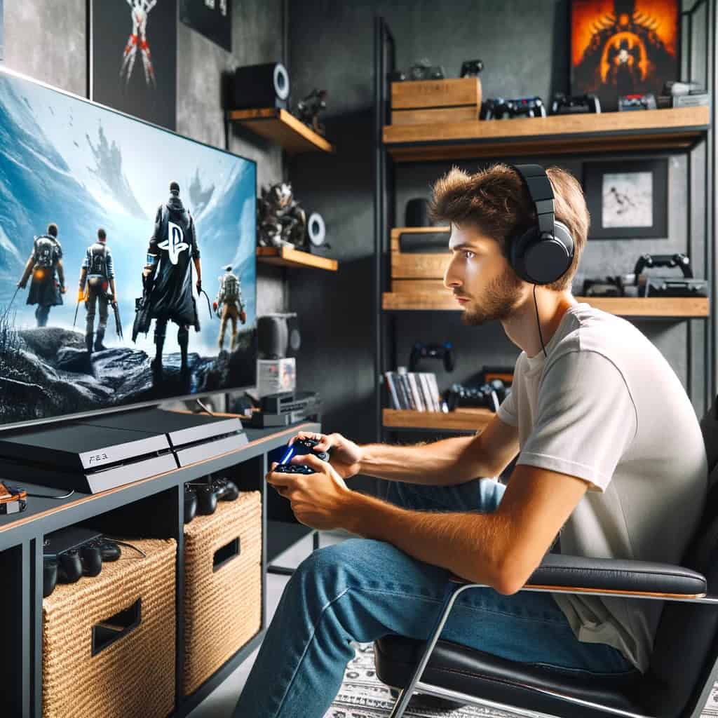 słuchawki przewodowe playstation na głowie gracza siedzącego na fotelu przed ekranem z grą