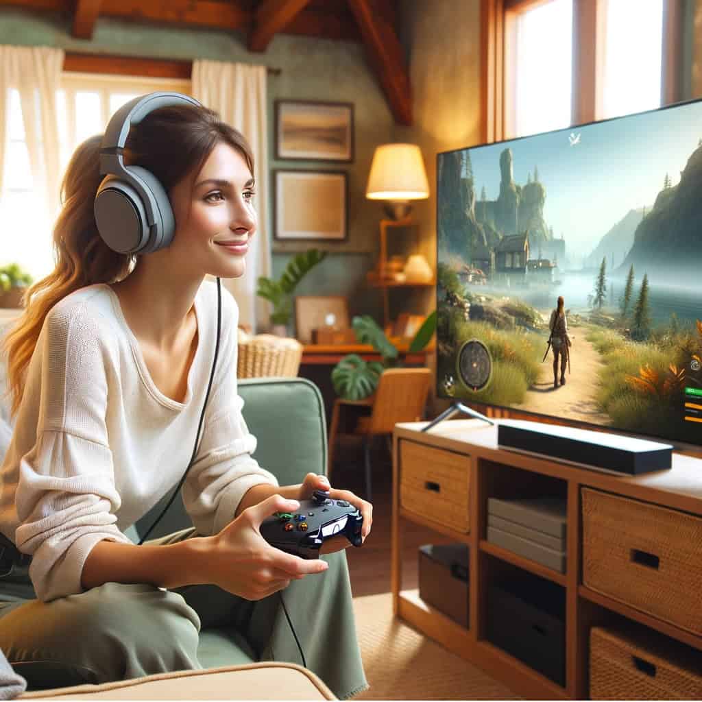 słuchawki przewodowe xbox na głowie kobiety grającej na konsoli