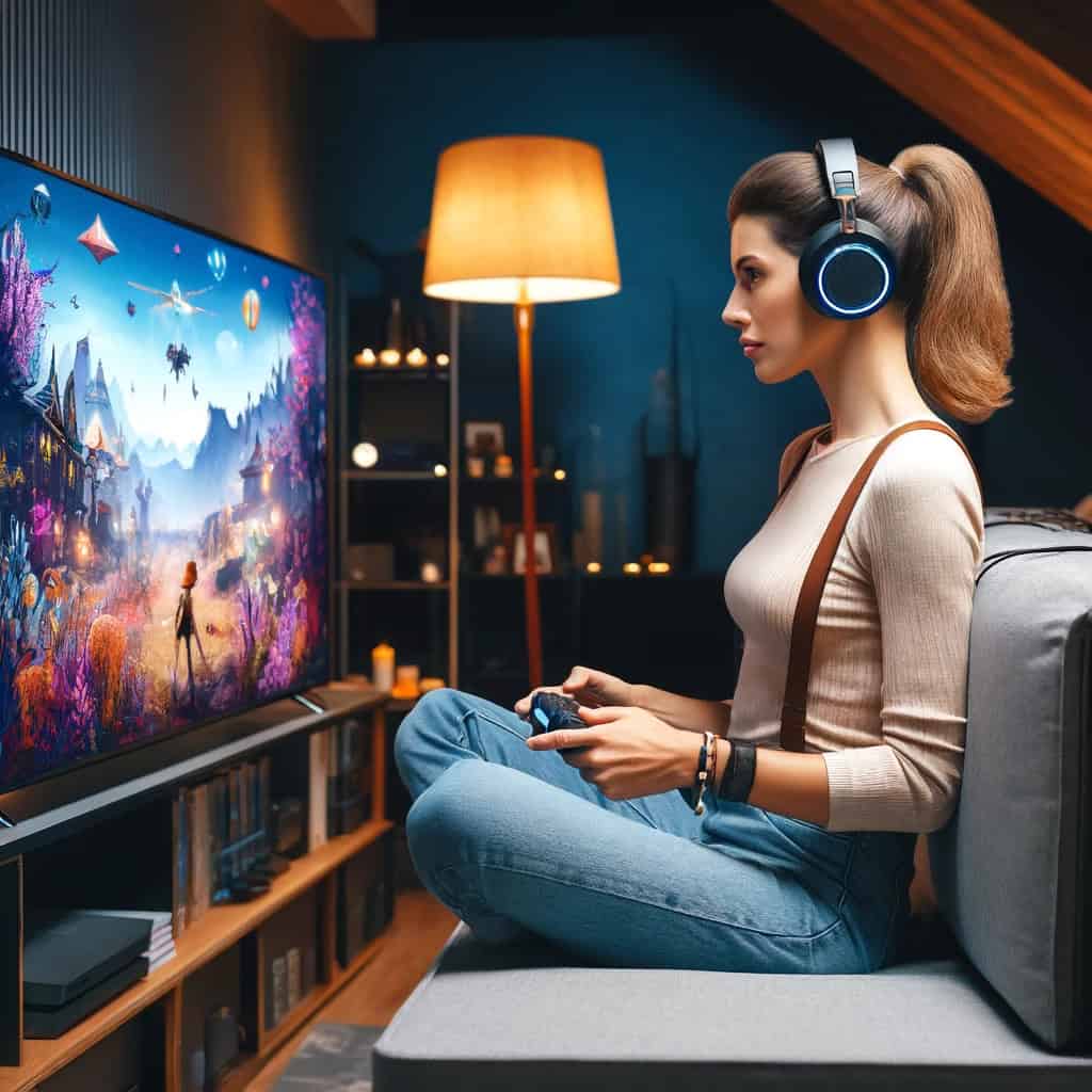 słuchawki ps4 ranking - przykładowy model nauszny na głowie kobiety grające w grę na konsoli