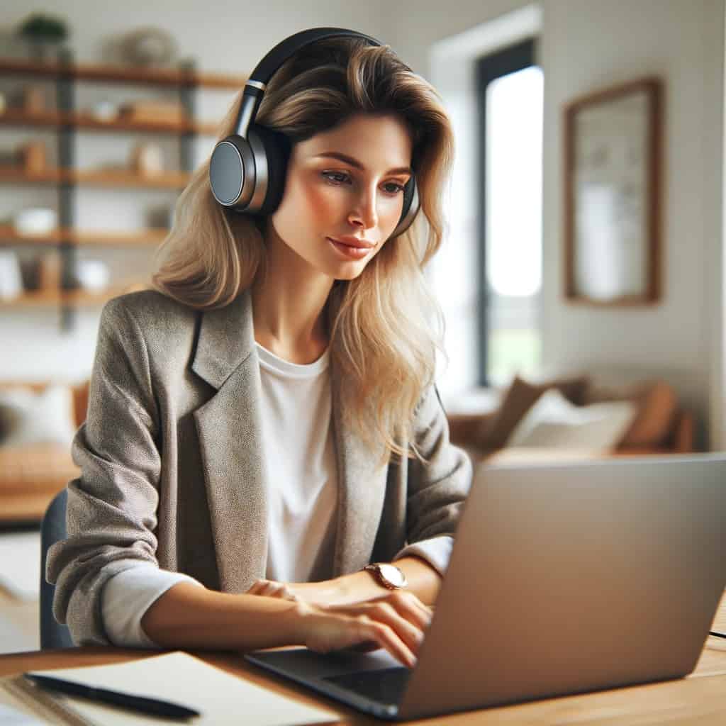 słuchawki skype na uszach kobiety biorącej udział w wiedokonferencji