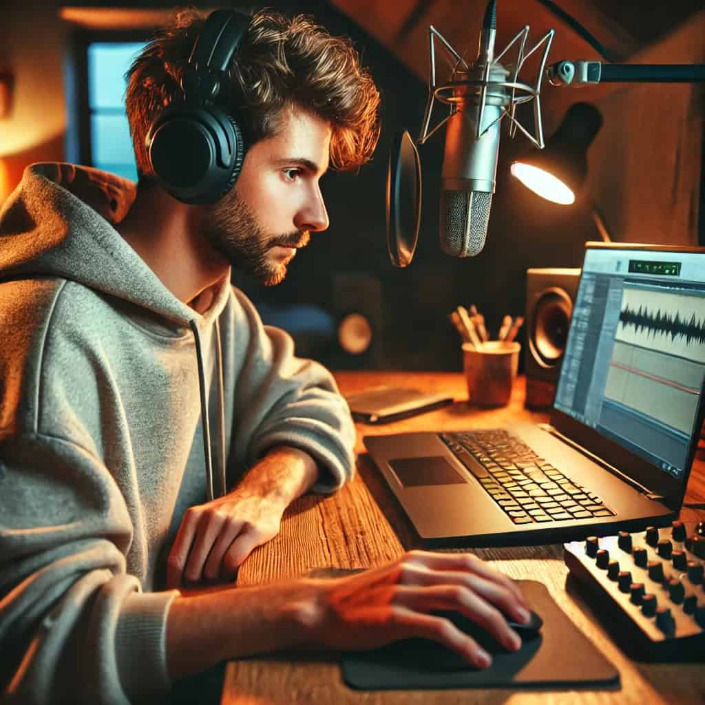 słuchawki studyjne do 100 zł ranking - przykładowy model na głowie mężczyzny przy konsoli mikserskiej