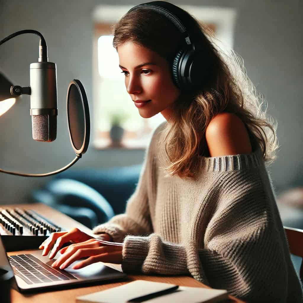 słuchawki studyjne do 100 zl na głowie kobiety przed interfejsem audio