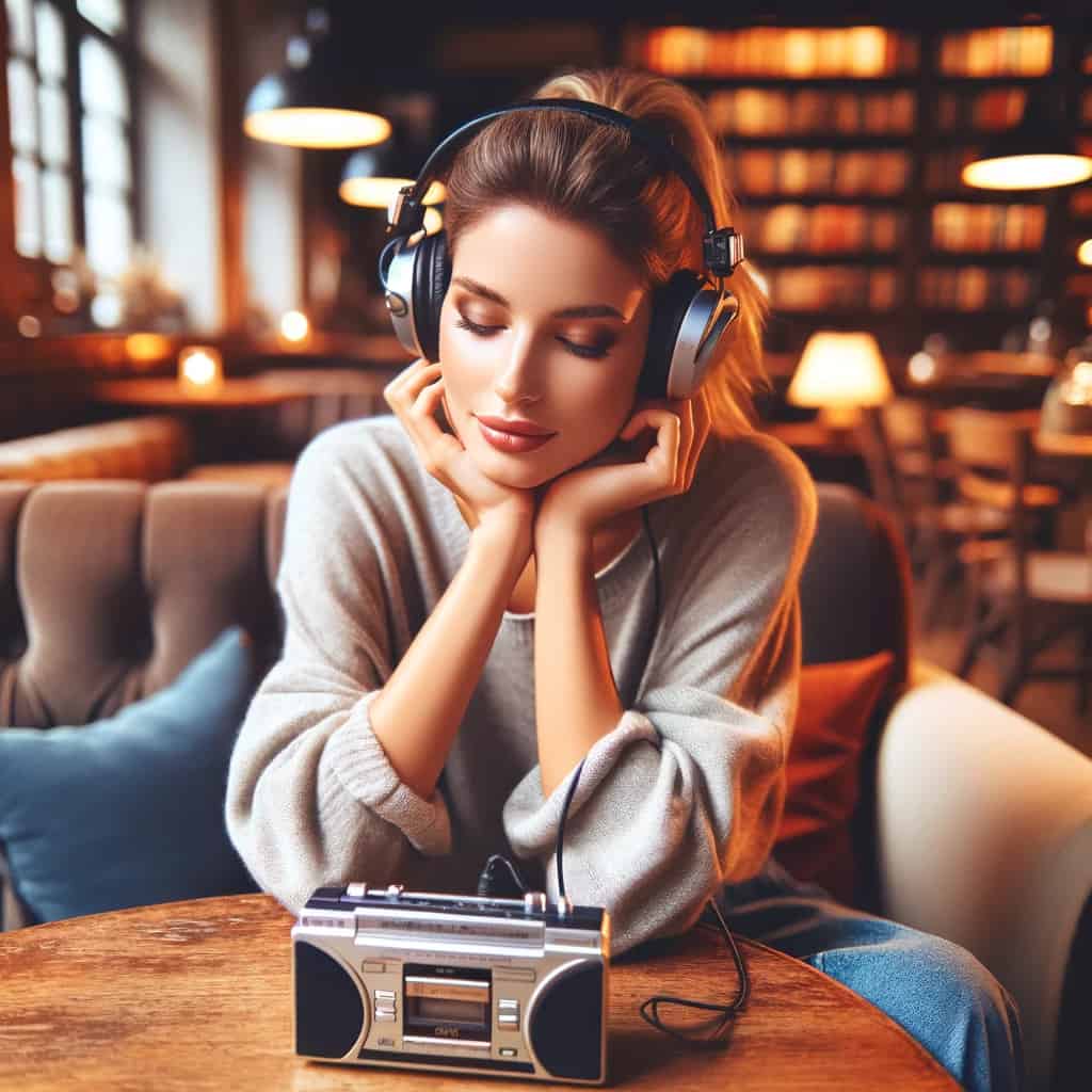 sluchawki walkman noszone przez kobietę w kawiarni