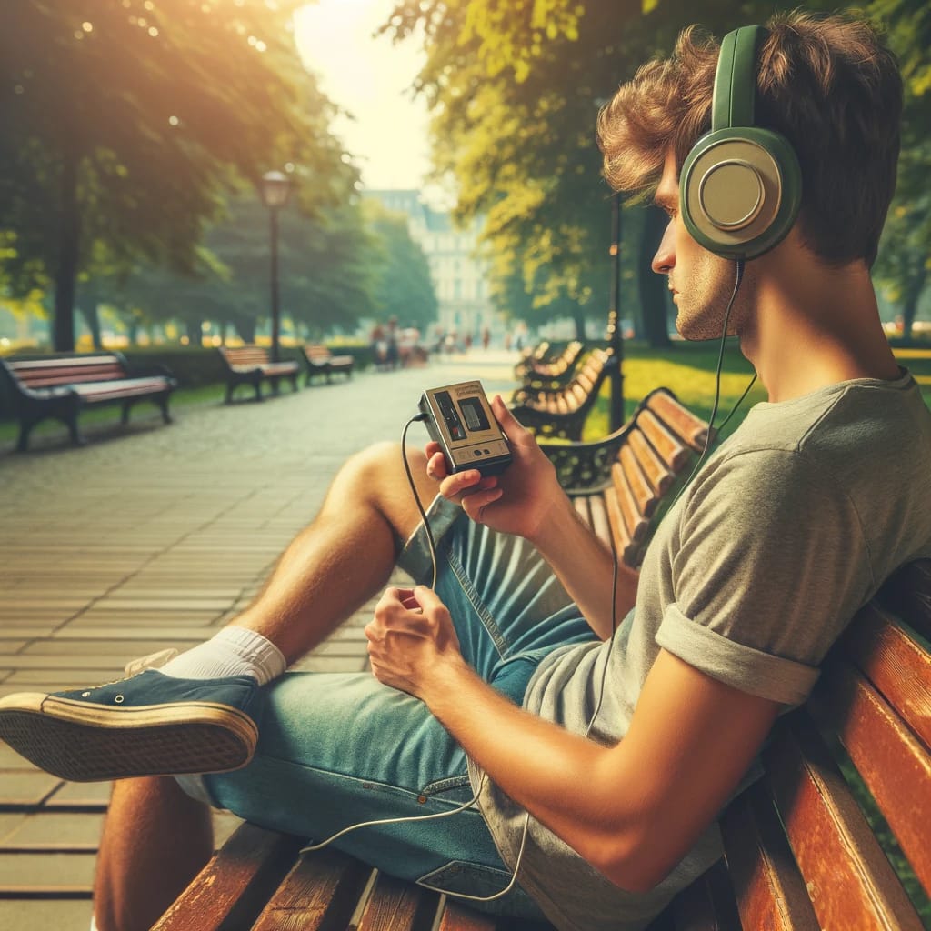 słuchawki walkman noszone przez mężczyznę siedzącego na ławce w parku