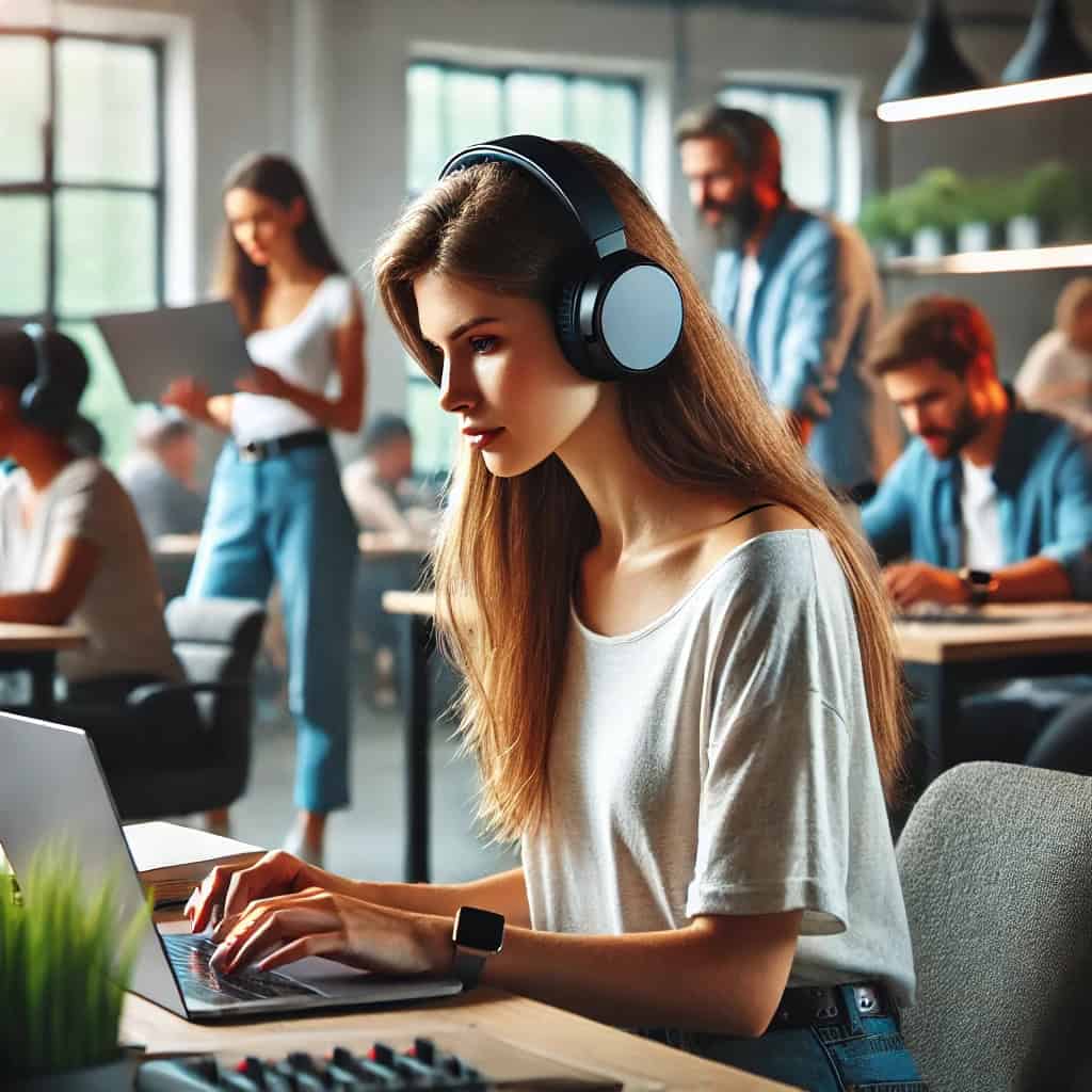 słuchawki wygłuszające do pracy na głowie kobiety, która pracuje na laptopie w biurze pełnym ludzi