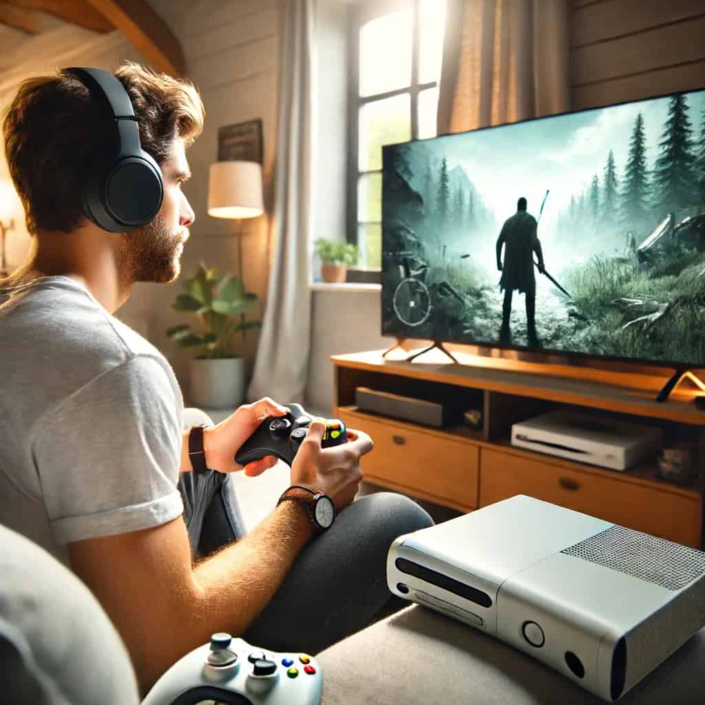 słuchawki xbox 360 na głowie mężczyzny przed konsolą
