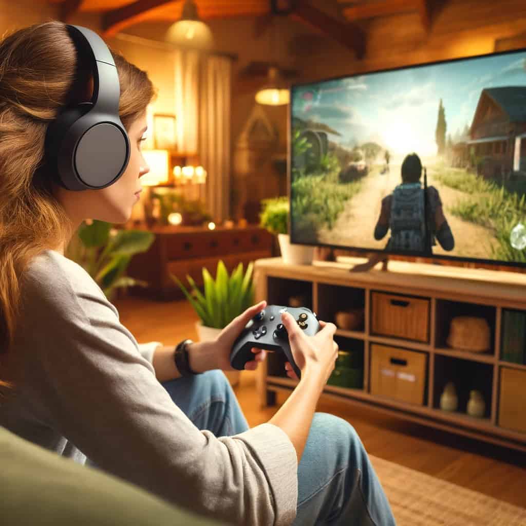 słuchawki xbox one na uszach kobiety z padem w ręku grającej na konsoli