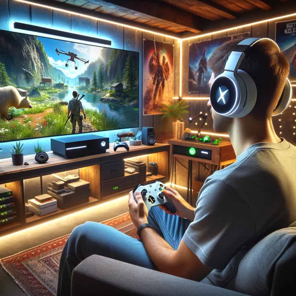 słuchawki xbox series s na uszach mężczyzny grającego na konsoli w grę