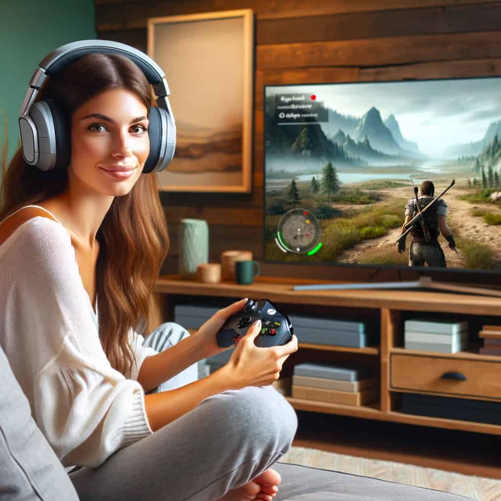 słuchawki xbox na głowie kobiety, która z uśmiechem patrzy w kamerę, trzymając w ręku pad, a obok na ekranie telewizora jest włączona gra