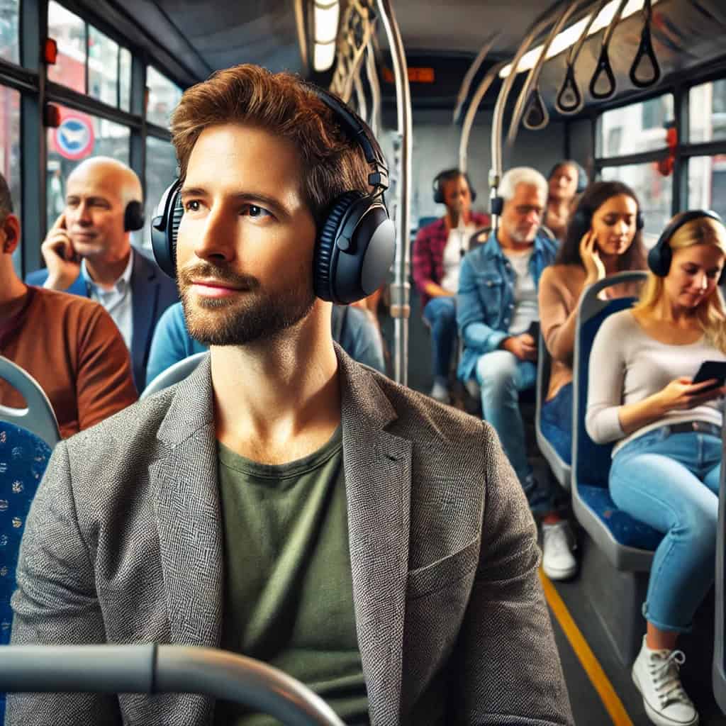 słuchawki z anc do 400 zł na uszach mężczyzny jadącego autobusem