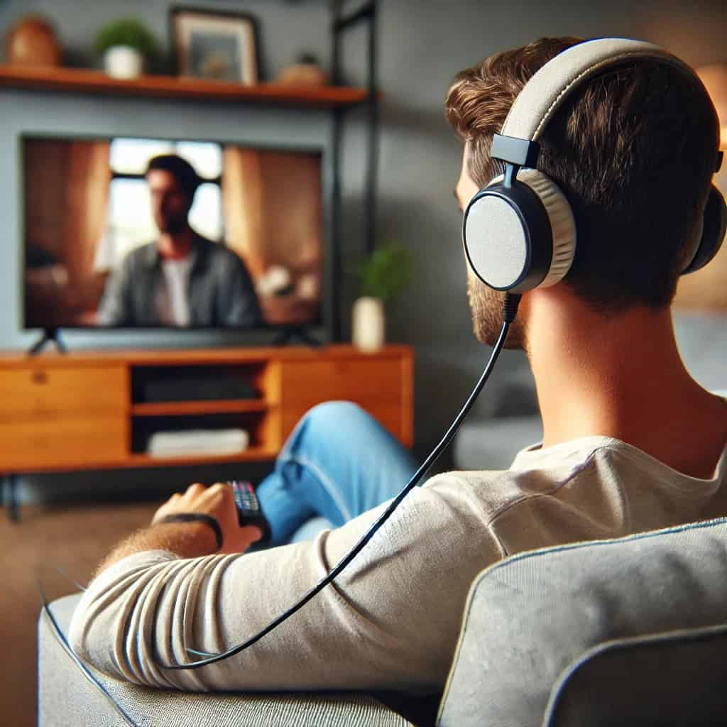 słuchawki z długim kablem do telewizora na uszach mężczyzny, który siedzi na sofie, oglądając film