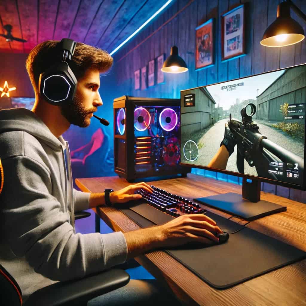 słuchawki z mikrofonem do fps na głowie mężczyzny grającego na komputerze
