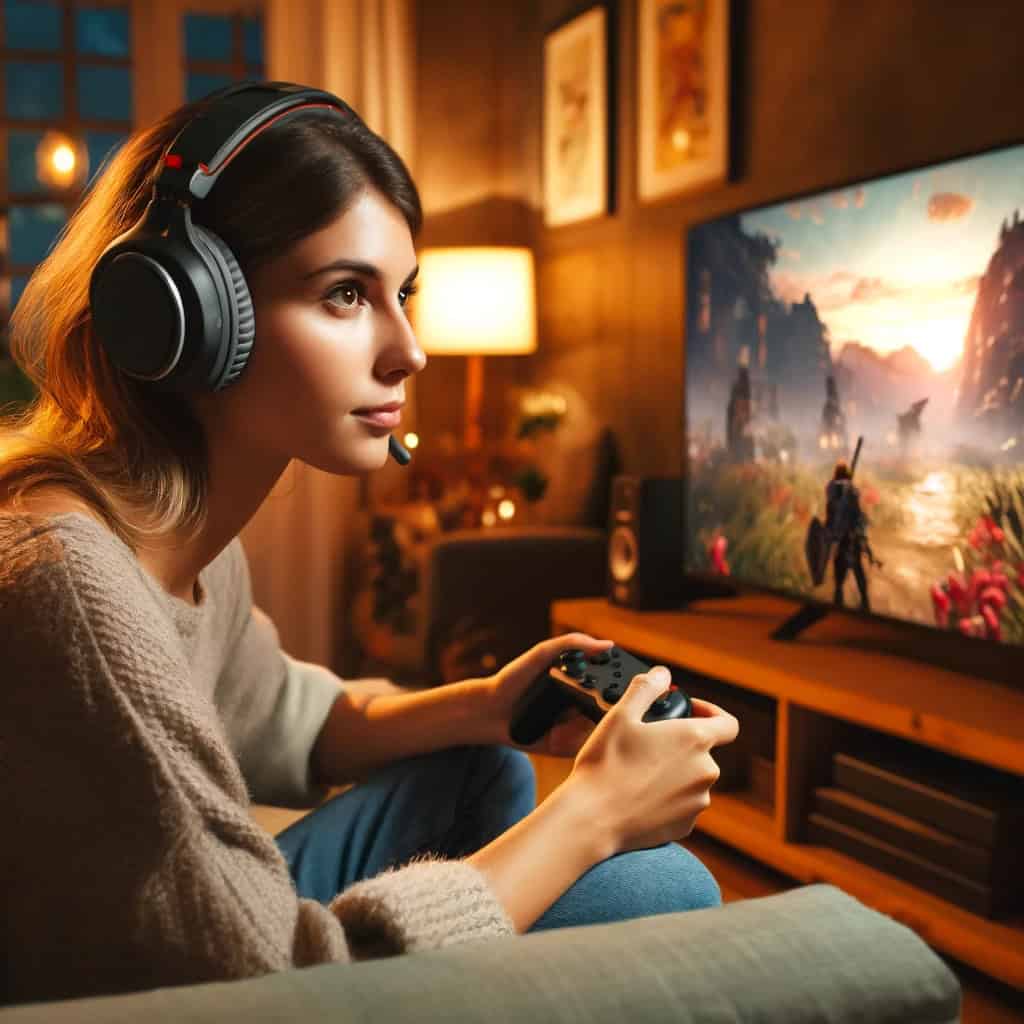 słuchawki z mikrofonem do nintendo switch na uszach kobiety grającej do konsoli