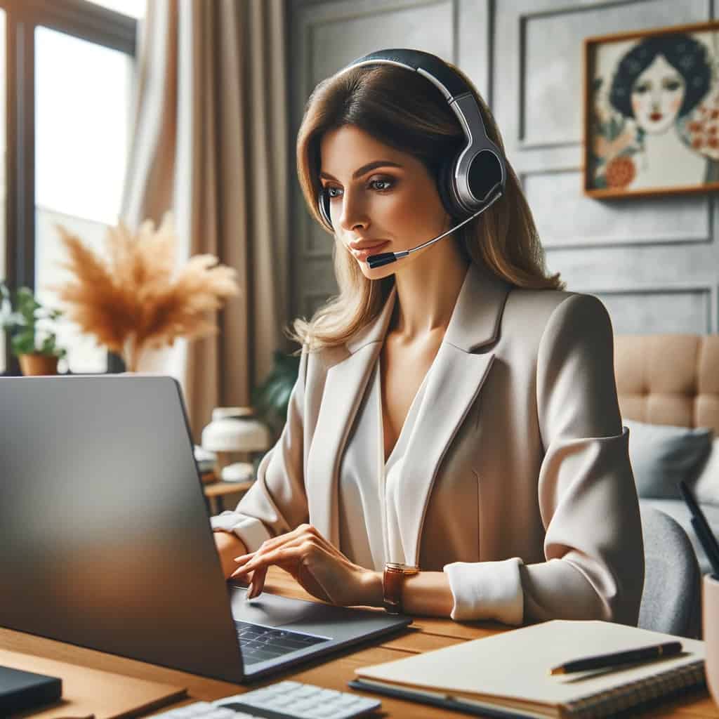 słuchawki z mikrofonem do skype na uszach kobiety przed komputerem